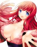  blue_eyes breasts cleavage japanese_clothes kotoji large_breasts long_hair open_mouth original red_hair simple_background smile solo white_background 