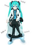  39 aqua_hair blue_eyes blush chair crossed_legs hatsune_miku headset labcoat long_hair looking_at_viewer math necktie sitting skirt slippers smile solo thighhighs twintails very_long_hair vocaloid white_background yuta1147 