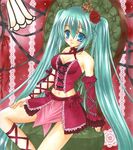  aqua_eyes aqua_hair arm_ribbon bare_shoulders chain corset crown detached_sleeves flower frills hair_flower hair_ornament hatsune_miku kirishima_(manatsuya) leg_ribbon long_hair marker_(medium) midriff navel nib_pen_(medium) project_diva_(series) project_diva_2nd ribbon romeo_to_cinderella_(vocaloid) sitting solo traditional_media twintails very_long_hair vintage_dress_(module) vocaloid 