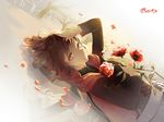  a_luo bad_id bad_pixiv_id brown_eyes brown_hair cape character_name corset flower hood lying on_back petals red_flower red_rose reflection rose ruby_rose rwby short_hair solo tree 