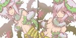  armor armored_dress bad_id bad_tumblr_id bare_shoulders breasts bridal_gauntlets center_opening fur_collar fur_trim hair_over_one_eye looking_at_viewer matsuda_yuusuke navel nipples nise_maou_dokuzeru oversized_breast_cup pink_hair plant plant_girl red_eyes sharp_teeth short_hair small_breasts solo teeth tsurime upper_body venus_flytrap yuusha_to_maou 