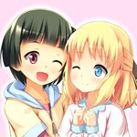  ;) ;d alice_cartelet black_hair blonde_hair blue_eyes blush gyuunyuu_bin half_updo kin-iro_mosaic multiple_girls one_eye_closed oomiya_shinobu open_mouth red_eyes smile 