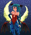  animal_print aqua_hair bare_shoulders bat_print bridal_gauntlets collarbone cosplay crescent_moon demon_wings hand_on_hip hatsune_miku head_wings highres leotard lilith_aensland lilith_aensland_(cosplay) long_hair moon night night_sky oonishi_shunsuke pantyhose print_legwear red_eyes red_leotard sky solo twintails vampire_(game) very_long_hair vocaloid wings 