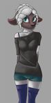  angela_rhodes blue_eyes breasts caprine clothed clothing female hair mammal plain_background schitzofox sheep solo standing thigh_gap wide_hips 