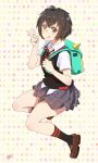  1girl :p backpack bag black_hair brown_hair full_body highres justin_leyva_(steamy_tomato) looking_at_viewer necktie peni_parker pleated_skirt school_uniform skirt socks solo spider-man tongue tongue_out v 