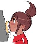  1girl asahina_aoi blue_eyes brown_hair cum cum_in_mouth danganronpa danganronpa_1 dark_skin doughnut fellatio food hair_ornament hairclip hetero high_ponytail jacket long_hair noill oral overflow penis penis_ornament tears track_jacket 