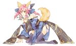  animal_ears bare_shoulders black_legwear bow clog_sandals detached_sleeves eitona fate/extra fate_(series) flower fox_ears fox_tail hair_bow hair_ribbon highres japanese_clothes pink_hair ribbon smile solo tail tamamo_(fate)_(all) tamamo_no_mae_(fate) thighhighs twintails yellow_eyes 