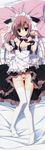  absurdres animal_ears bed bed_sheet blush breasts cat_ears dakimakura from_above full_body highres himawari_no_kyoukai_to_nagai_natsuyasumi huge_filesize inugami_kira legs looking_at_viewer lying maid maid_headdress natsusaki_yomi on_back on_bed on_stomach panties panty_pull pillow pink_hair purple_eyes pussy pussy_juice small_breasts solo thighhighs underwear white_legwear white_panties 