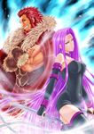  1girl armor bare_shoulders beard boots breasts cape crossed_arms dress facial_hair fate/stay_night fate/zero fate_(series) long_hair medium_breasts muscle purple_eyes purple_hair red_eyes red_hair revision rider rider_(fate/zero) smile strapless strapless_dress thigh_boots thighhighs very_long_hair yuki1977 zettai_ryouiki 