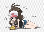  :d bare_legs baseball_cap blue_eyes brown_hair checkered checkered_background denim denim_shorts gen_5_pokemon hat high_ponytail jinteitei joltik long_hair lying open_mouth pokemon pokemon_(creature) pokemon_(game) pokemon_bw shorts smile touko_(pokemon) vest wristband 