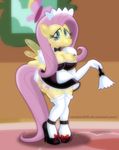  anthro anthrofied blush bow_tie breasts cleavage clothed clothing cutie_mark doll english_text equine feather_duster female fluttershy_(mlp) friendship_is_magic green_eyes hi_res horse inflatable inside looking_at_viewer maid_uniform mammal my_little_pony pegasus pony rubber sandybelldf sex_doll solo text wings yellow_body 