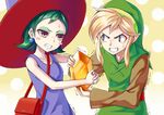  1boy 1girl a_link_to_the_past angry bag blonde_hair blue_eyes blush_stickers brown_eyes clenched_teeth couple earrings eye_contact eyeshadow gem green_hair hat jewelry link long_sleeves looking_at_another makeup maple_(the_legend_of_zelda) nintendo oracle_of_ages oracle_of_seasons pulling rupee short_hair sweat sweatdrop teeth the_legend_of_zelda the_legend_of_zelda:_a_link_to_the_past the_legend_of_zelda:_oracle_of_ages the_legend_of_zelda:_oracle_of_seasons witch witch_hat 