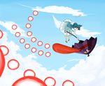  1girl :p blue_clothes blue_eyes blue_hair cloud danmaku derpcat derpcat_(deviantart) eyes female floating flying heterochromia karakasa_obake red_eyes sandals skirt sky solo tatara_kogasa tongue tongue_out touhou umbrella undefined_fantastic_object 