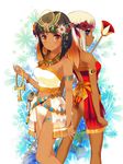  ankh ass back-to-back bangs belt black_hair blonde_hair blunt_bangs butt_crack dark_skin egyptian gem head_wreath headband jewelry looking_at_viewer multiple_girls necklace orange_eyes original profile purple_eyes shirokuma_(chedgen) short_hair smile staff standing tiara 