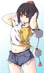  adapted_costume adjusting_hair cutoff_jeans cutoffs denim floral_print hand_in_hair hat kamukamu_(ars) leaf leaf-pattern_stripe looking_at_viewer maple_leaf midriff navel panties shameimaru_aya shirt short_hair short_shorts shorts simple_background solo thighs tied_shirt tokin_hat touhou underwear 