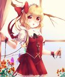  adapted_costume ascot bad_id bad_pixiv_id blonde_hair blush breasts crystal fangs fingernails flandre_scarlet hat hat_ribbon highres lips long_fingernails nail_polish niwatori_(kipje) open_mouth puffy_short_sleeves puffy_sleeves red_eyes ribbon short_hair short_sleeves side_ponytail small_breasts smile solo touhou vest window wings wrist_cuffs 