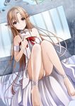  3: absurdres anklet arm_strap asuna_(sao) bad_id bad_pixiv_id bare_shoulders barefoot brown_eyes brown_hair cage cameltoe dutch_angle ear_covers elf fairy highres jewelry kentaurosu long_hair long_legs looking_at_viewer pointy_ears ribbon sitting solo sword_art_online titania_(sao) 