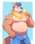  2017 4_fingers anthro blue_background blue_hair brown_eyes brown_fur bubba_wolfuzz canine clothed clothing drinking eyewear front_view fur glass glasses hair hi_res looking_at_viewer male mammal musclegut navel nipples o-ro one_eye_closed shorts simple_background smile solo standing straw topless 
