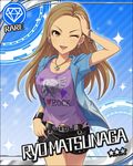  artist_request belt black_shorts blue_background brown_eyes brown_hair card_(medium) character_name diamond_(symbol) earrings idolmaster idolmaster_cinderella_girls jewelry long_hair matsunaga_ryou necklace official_art one_eye_closed shorts solo sparkle wristband 