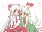  &gt;:) blush bow closed_eyes ex-keine flying_sweatdrops fujiwara_no_mokou green_hair hair_bow head_rub heart horn_bow horns kamishirasawa_keine long_hair multiple_girls open_mouth red_eyes silver_hair smile suspenders suzumusi tail tail_wagging touhou v-shaped_eyebrows yuri 