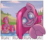  atryl blue_eyes breaking_the_fourth_wall creepy english_text equine female feral flotation_device friendship_is_magic fur group hair horse looking_at_viewer mammal my_little_pony pink_fur pink_hair pinkamena_(mlp) pinkie_pie_(mlp) pony smile text too_many_pinkie_pies water 