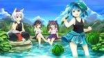  animal_ears bad_id bad_pixiv_id black_hair blue_eyes blue_hair blush breasts brown_hair cucumber eating fish food forest fruit hair_bobbles hair_ornament hat highres himekaidou_hatate indian_style inubashiri_momiji kasagi kawashiro_nitori long_hair mountain multiple_girls nature one-piece_swimsuit pants purple_eyes red_eyes river rock shameimaru_aya shirt short_hair silver_hair sitting skirt sleeveless small_breasts smile swimsuit swimsuit_under_clothes tail tokin_hat tomato touhou two_side_up watermelon wolf_ears wolf_tail 
