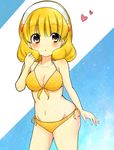  bare_shoulders bikini blonde_hair breasts cleavage hairband heart kise_yayoi medium_breasts precure sausu_(himakuma) short_hair smile_precure! solo swimsuit white_hairband yellow_eyes 