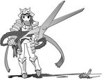  armor bad_id bad_tumblr_id crab faulds full_armor greyscale helmet holster horned_helmet huge_weapon matsuda_yuusuke monochrome original oversized_object scarf scissors solo weapon 