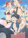  2girls armlet bikini_top blue_hair boota bracelet breasts cleavage closed_eyes flower goggles goggles_on_head grin hair_flower hair_ornament jewelry kamina lagann mecha medium_breasts multicolored_hair multiple_boys multiple_girls navel nia_teppelin open_mouth ponytail red_hair ru&amp;pauda_(artist) scarf shirtless short_shorts shorts simon skull_hair_ornament smile tattoo tegaki tengen_toppa_gurren_lagann thighhighs two-tone_hair yoko_littner 