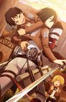  2boys armin_arlert belt black_eyes black_hair blonde_hair blush boots brown_hair building carrying cloud dusk emblem eren_yeager green_eyes highres injury jacket kl long_sleeves looking_at_viewer mikasa_ackerman multiple_boys open_mouth paradis_military_uniform scar scarf shingeki_no_kyojin short_hair shoulder_carry silver_eyes sky sweatdrop sword thigh_strap three-dimensional_maneuver_gear training_corps_(emblem) uniform wall weapon 