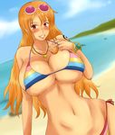  1girl beach bikini blush bracelet breasts brown_eyes earring earrings highres huge_breasts jewelry log_pose long_hair momo_765 nami nami_(one_piece) necklace one_piece orange_hair rainbow_bikini solo sunglasses swimsuit tattoo wide_hips 