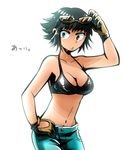  1girl bikini_top black_hair breasts capcom denim devil_may_cry devil_may_cry_4 heterochromia jeans lady lady_(devil_may_cry) large_breasts mackerel_(artist) midriff pants short_hair simple_background solo sunglasses sweat white_background 