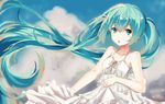  2013 aqua_eyes aqua_hair artist_name bad_id bad_pixiv_id cloud coco_(238243) dated day dress hatsune_miku long_hair open_mouth skirt_hold sky solo twintails very_long_hair vocaloid 