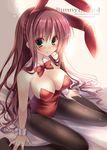  amane_ruri animal_ears bow bowtie brown_hair bunny_ears bunnysuit detached_collar green_eyes long_hair original pantyhose sitting solo wariza wrist_cuffs 