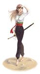  arabian_clothes baggy_pants barefoot brown_hair desert devil_may_cry green_eyes highres inupii katana long_hair original pants sand sash shirt solo sword weapon 