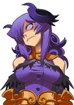  armor armored_dress bad_id bad_tumblr_id bare_shoulders breasts crazy_eyes curly_hair demon_girl elbow_gloves gloves hair_over_one_eye horns large_breasts long_hair matsuda_yuusuke nise_maou_kanizeru purple_eyes purple_hair sharp_teeth solo taut_clothes teeth upper_body yuusha_to_maou 