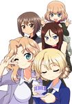  anchovy black_neckwear blonde_hair blue_eyes blue_sweater braid breasts brown_hair cup darjeeling dress_shirt girls_und_panzer katyusha kay_(girls_und_panzer) kuromorimine_school_uniform long_hair medium_breasts multiple_girls necktie nishizumi_maho nonna one_eye_closed pravda_school_uniform saunders_school_uniform school_uniform shirt short_hair smile st._gloriana's_school_uniform sweater teacup trait_connection uniform v v-neck white_shirt yuuki_akira 