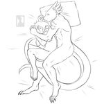  anthro bed butt claws cuddling curled cute drayk drayk_dagger duo eyes_closed fetal_position girly hair heating_rock interspecies long_hair lying male mammal monochrome muscles mustelid nateday nude otter pillow plain_background scalie scott_(character) shurian size_difference sketch sleeping watermark white_background 
