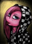  beige_background bipedal blue_eyes bust_portrait checkered clothing colored equine eyes female friendship_is_magic fur gradient_background hair hood hoodie horse husky50579 mammal my_little_pony painting_(art) piercing pink_fur pink_hair pink_skin pinkamena_(mlp) pinkie_pie_(mlp) pony punk side_view solo star_print teenager tongue tongue_out tongue_piercing 