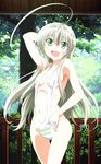  absurdres ahoge arm_behind_head arm_up artist_request breasts bush cleavage cowboy_shot fence haiyore!_nyaruko-san hand_on_hip highres indoors midriff navel nyarlathotep_(nyaruko-san) official_art pillar plant scan small_breasts smile standing stomach swimsuit thigh_gap thighs 