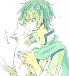  akiyoshi_(tama-pete) animal aqua_scarf blue_eyes blue_hair carrying cat headset kaito kiss lowres male_focus scarf solo vocaloid 