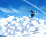  above_clouds bad_id bad_pixiv_id barefoot black_cat black_hair blue cat cloud condensation_trail day from_behind kurohal long_hair original outstretched_arms running school_uniform serafuku sky spread_arms white_cat 
