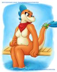  ambiguous_gender anthro bandanna bedroom_eyes breasts browniecomicwriter dock featureless_breasts female half-closed_eyes larger_female macro marine mario_bros mostly_nude nintendo plesiosaurus plessie reptile scalie seductive size_difference slightly_chubby smile super_mario_3d_world thick_thighs video_games yoshi 