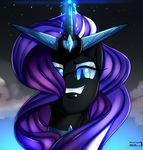  blue_eyes cloud day equine evil eyeshadow female friendship_is_magic glowing horn horse looking_at_viewer magic makeup mammal my_little_pony night nightmare_rarity_(mlp) pony portrait purple_eyes rarity_(mlp) sky skyline19 smile solo sparkles stars unicorn 
