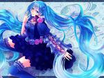  bad_id bad_pixiv_id beamed_eighth_notes beamed_sixteenth_notes blue_eyes blue_hair eighth_note flower hatsune_miku highres long_hair musical_note nail_polish rose sitting skirt solo thighhighs twintails very_long_hair vocaloid zinserhamoe 