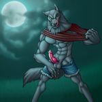  animal_genitalia balls biceps canine canine_penis claws clothing erection fangs fur grey_fur knot male mammal moon muscles nipples orange_eyes pecs penis presenting seraphthevampire sheath shirt shorts solo standing teeth toned tongue tongue_out torn_clothing were werewolf wolf 