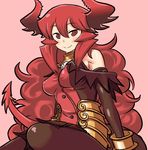  armlet bad_id bad_tumblr_id bare_shoulders black_legwear boots bracelet breasts demon_girl demon_tail elbow_gloves gloves horns jewelry long_hair maou_beluzel matsuda_yuusuke medium_breasts pantyhose pleated_skirt red_eyes red_hair sitting skirt smile solo tail yuusha_to_maou 