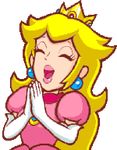  1girl animated animated_gif blonde_hair clapping crown dress earrings elbow_gloves eyes_closed gloves jewelry lipstick long_hair makeup mario_(series) nintendo open_mouth pendant princess princess_peach simple_background solo super_mario_bros. transparent_background very_long_hair 