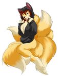  amber_eyes anthro bottomless canine erect_nipples f4814n female fox hair hi_res hoodie kenzi looking_at_viewer mammal multiple_tails nipples red_hair solo tongue tongue_out 