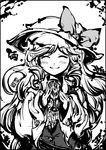  belt blouse blush bonnet buckle closed_eyes cup dress glass greyscale happy hat long_hair long_sleeves monochrome ribbon smile strap tokiame touhou watatsuki_no_toyohime yellow_eyes 